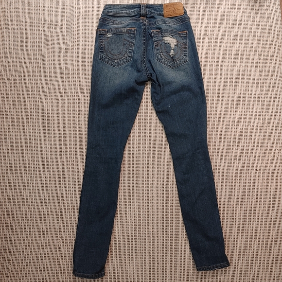 True Religion Blue Distressed Section Skinny Jeans Women’s Size 26 Logo On Leg - Picture 3 of 6